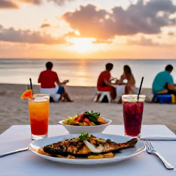 Caribbean Holidays, Cura&ccedil;ao Cooking Holidays, Cura&ccedil;ao seaside table at sunset with grilled fish, colourful salads, tropical drinks and relaxed holiday diners