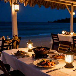 Caribbean Holidays, Cura&ccedil;ao Cooking Holidays, Evening table in Cura&ccedil;ao with locally cooked Caribbean dishes, warm lantern light and a relaxed seaside setting