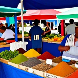 Caribbean Holidays, Curacao Cooking Holidays, Fresh produce and spices displayed at a lively Curacao market, with colourful stalls and local shoppers