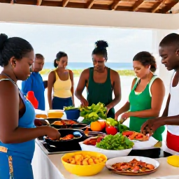 Caribbean Holidays, Cura&ccedil;ao Cooking Holidays, Friendly Caribbean cooking class in Cura&ccedil;ao with visitors preparing fresh seafood, vegetables and herbs in a bright open-air kitchen