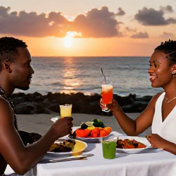 Caribbean Holidays, Curacao Cooking Holidays, Friendly dinner table in Curacao with freshly cooked Caribbean dishes, local drinks and a sunset atmosphere