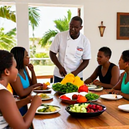 Caribbean Holidays, Cura&ccedil;ao Cooking Holidays, Friendly local chef teaching visitors to prepare Cura&ccedil;aoan dishes in a bright traditional kitchen, with fresh ingredients on a wooden table