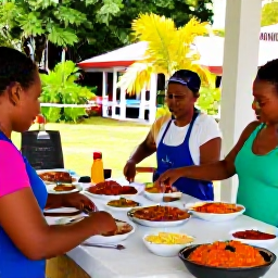 Caribbean Holidays, Cura&ccedil;ao Cooking Holidays, Friendly outdoor Cura&ccedil;ao cooking class with visitors preparing colourful local dishes beside a tropical garden