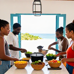 Caribbean Holidays, Cura&ccedil;ao Cooking Holidays, Friendly travellers cooking together in a Cura&ccedil;ao holiday villa kitchen, bowls of Caribbean ingredients, open windows and bright island light
