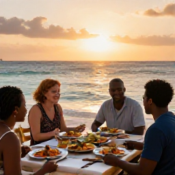 Caribbean Holidays, Cura&ccedil;ao Cooking Holidays, Golden evening on Cura&ccedil;ao with a beautifully prepared local meal served outdoors near the Caribbean sea