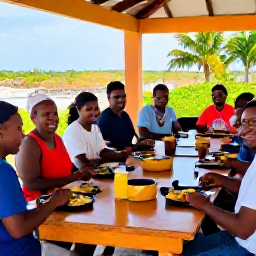 Caribbean Holidays, Cura&ccedil;ao Cooking Holidays, Happy travellers enjoying a freshly prepared Cura&ccedil;ao meal at a friendly local cooking workshop, bright Caribbean colours and natural light