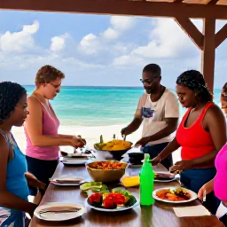 Caribbean Holidays, Cura&ccedil;ao Cooking Holidays, Outdoor Cura&ccedil;ao cooking class with travellers preparing local Caribbean dishes beside a sunny sea-view terrace