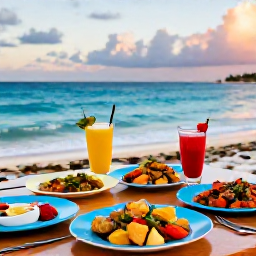 Caribbean Holidays, Cura&ccedil;ao Cooking Holidays, Outdoor seaside table in Cura&ccedil;ao with freshly cooked local dishes, colourful plates, tropical drinks and a calm blue Caribbean sunset