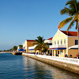Caribbean Holidays, Cura&ccedil;ao Cooking Holidays, Relaxed Cura&ccedil;ao holiday setting in August with colourful colonial buildings, palm trees, calm blue water and visitors exploring local food
