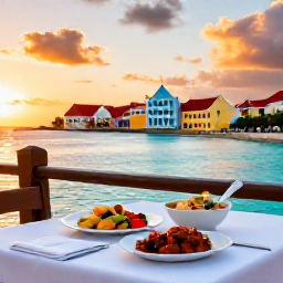Caribbean Holidays, Cura&ccedil;ao Cooking Holidays, Relaxed seaside dining terrace in Cura&ccedil;ao at sunset, local dishes on a table, turquoise sea and Willemstad-style colourful buildings in the background