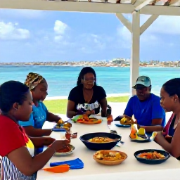 Caribbean Holidays, Curacao Cooking Holidays, Small group cooking lesson on a shaded terrace in Curacao, with visitors preparing Caribbean food together