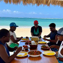 Caribbean Holidays, Cura&ccedil;ao Cooking Holidays, Small outdoor cooking class in Cura&ccedil;ao with visitors preparing traditional Caribbean food around a wooden table near the sea