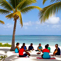 Caribbean Holidays, Cura&ccedil;ao Cooking Holidays, Sunny Cura&ccedil;ao coastline with calm turquoise water, palm trees and a small group relaxing after a cooking class