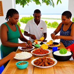Caribbean Holidays, Cura&ccedil;ao Cooking Holidays, Traditional Cura&ccedil;aoan cooking class preparing keshi yena and funchi in a bright local kitchen, dishes and ingredients on a wooden table