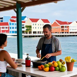 Caribbean Holidays, Cura&ccedil;ao Cooking Holidays, Traveller enjoying a relaxed Cura&ccedil;ao cooking holiday, shopping for ingredients and dining at a waterside restaurant near colourful Willemstad buildings
