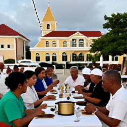 Caribbean Holidays, Cura&ccedil;ao Cooking Holidays, Visitors enjoying a relaxed cooking holiday evening in Cura&ccedil;ao, dining outdoors beneath soft lights with Willemstad architecture in the background