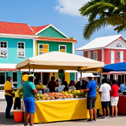 Caribbean Holidays, Cura&ccedil;ao Cooking Holidays, Visitors enjoying a relaxed outdoor Cura&ccedil;ao food market with tropical produce, local snacks, colourful stalls and historic Willemstad buildings