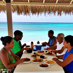 Caribbean Holidays, Cura&ccedil;ao Cooking Holidays, Visitors enjoying a relaxed seaside lunch after a cooking class on Cura&ccedil;ao, with turquoise water, shaded tables and colourful local dishes
