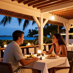 Caribbean Holidays, Cura&ccedil;ao Couples Holidays, A couple dining outdoors at a stylish Cura&ccedil;ao restaurant in the evening, with local food, soft lights and a warm tropical setting