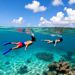 Caribbean Holidays, Cura&ccedil;ao Couples Holidays, A couple snorkelling in transparent turquoise water near a Cura&ccedil;ao reef, with tropical fish and a bright Caribbean sky