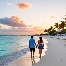 Caribbean Holidays, Cura&ccedil;ao Couples Holidays, A couple walking hand in hand along a calm white-sand beach in Cura&ccedil;ao at sunset, with turquoise water and palm trees