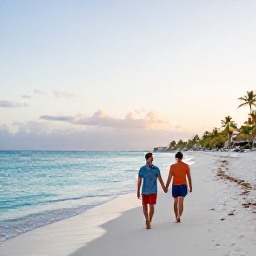 Caribbean Holidays, Cura&ccedil;ao Couples Holidays, A couple walking hand in hand along a quiet white-sand beach in Cura&ccedil;ao at sunset, calm turquoise water and palm trees
