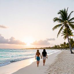 Caribbean Holidays, Curacao Couples Holidays, A couple walking hand in hand along a quiet white-sand beach in Cura&ccedil;ao at sunset, turquoise Caribbean sea and palm trees