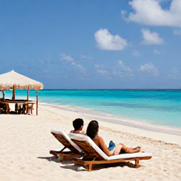 Caribbean Holidays, Cura&ccedil;ao Couples Holidays, A romantic couple relaxing on a quiet Cura&ccedil;ao beach with clear blue water, sun loungers and a small beach caf&eacute;