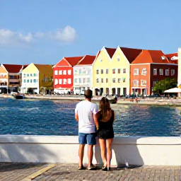 Caribbean Holidays, Cura&ccedil;ao Couples Holidays, Colourful Handelskade waterfront in Willemstad, Cura&ccedil;ao, with a couple exploring the streets in February sunshine