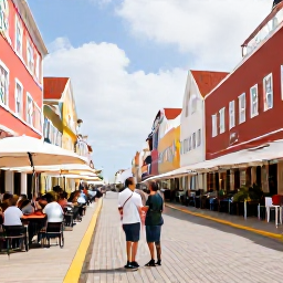Caribbean Holidays, Curacao Couples Holidays, Colourful historic buildings and waterfront caf&eacute;s in Willemstad, Cura&ccedil;ao, with a couple exploring the street