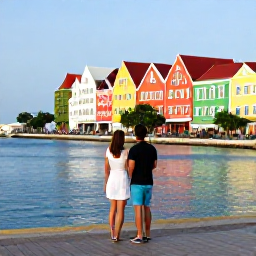 Caribbean Holidays, Curacao Couples Holidays, Colourful historic buildings and waterfront in Willemstad, Cura&ccedil;ao, with a couple exploring the lively streets