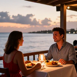 Caribbean Holidays, Cura&ccedil;ao Couples Holidays, Couple dining at an outdoor waterfront restaurant in Cura&ccedil;ao at sunset, with local dishes and soft lights