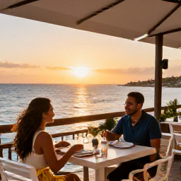 Caribbean Holidays, Cura&ccedil;ao Couples Holidays, Couple dining outdoors at a stylish seaside restaurant in Cura&ccedil;ao at sunset