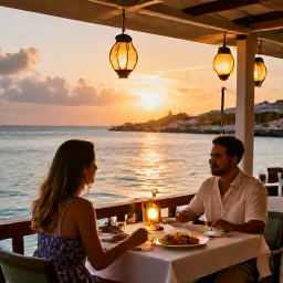 Caribbean Holidays, Curacao Couples Holidays, Couple enjoying a sunset dinner at a waterfront restaurant in Cura&ccedil;ao, lanterns, local dishes and sea views