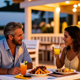 Caribbean Holidays, Curacao Couples Holidays, Couple enjoying dinner at an atmospheric outdoor restaurant in Cura&ccedil;ao, local seafood, tropical drinks and warm evening lighting