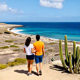 Caribbean Holidays, Cura&ccedil;ao Couples Holidays, Couple exploring a scenic coastal viewpoint and arid landscape in Cura&ccedil;ao, with cacti and bright blue sea