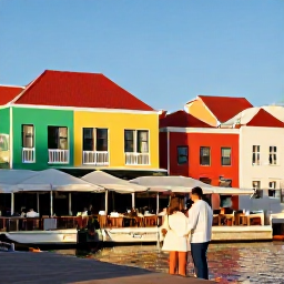 Caribbean Holidays, Cura&ccedil;ao Couples Holidays, Couple exploring colourful colonial buildings and waterfront caf&eacute;s in Willemstad, Cura&ccedil;ao, in warm August sunshine