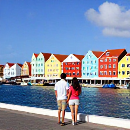 Caribbean Holidays, Cura&ccedil;ao Couples Holidays, Couple exploring the colourful waterfront streets of Willemstad, Cura&ccedil;ao, with pastel buildings, a floating market and sunny blue skies