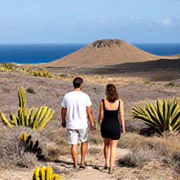 Caribbean Holidays, Curacao Couples Holidays, Couple hiking through a dry tropical landscape in Cura&ccedil;ao with cacti, rugged hills and distant blue sea