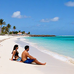 Caribbean Holidays, Cura&ccedil;ao Couples Holidays, Couple relaxing on a quiet sandy beach beside clear turquoise water and palm trees in Cura&ccedil;ao
