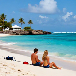 Caribbean Holidays, Curacao Couples Holidays, Couple relaxing on a sandy beach in Cura&ccedil;ao beside clear turquoise water, palm trees and snorkelling equipment