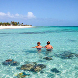 Caribbean Holidays, Curacao Couples Holidays, Couple snorkelling in clear turquoise water beside a quiet Cura&ccedil;ao beach, colourful tropical fish and coral visible below