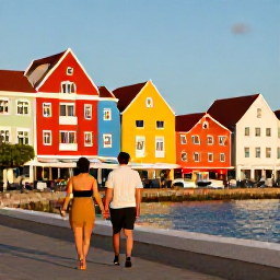Caribbean Holidays, Cura&ccedil;ao Couples Holidays, Couple walking beside the colourful waterfront buildings in Willemstad, Cura&ccedil;ao, in warm afternoon light