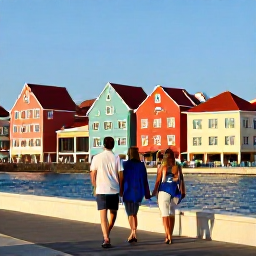 Caribbean Holidays, Cura&ccedil;ao Couples Holidays, Couple walking beside the colourful waterfront buildings in Willemstad, Cura&ccedil;ao, in warm June sunshine