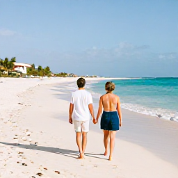 Caribbean Holidays, Cura&ccedil;ao Couples Holidays, Couple walking hand in hand along a bright Caribbean beach in Cura&ccedil;ao during a warm February afternoon
