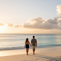Caribbean Holidays, Curacao Couples Holidays, Couple walking hand in hand along a quiet Cura&ccedil;ao beach at sunset, warm Caribbean light and calm turquoise water