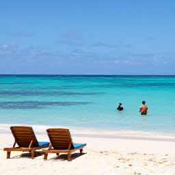 Caribbean Holidays, Cura&ccedil;ao Couples Holidays, Quiet sandy cove with two sun loungers, clear turquoise water and a couple swimming in Cura&ccedil;ao during June