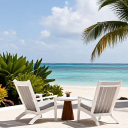 Caribbean Holidays, Cura&ccedil;ao Couples Holidays, Romantic beachfront hotel terrace in Cura&ccedil;ao with two chairs, tropical greenery and a calm sea in the background