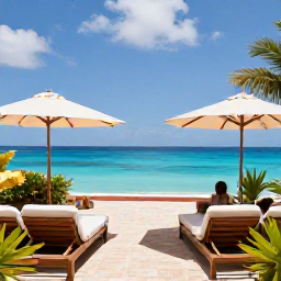 Caribbean Holidays, Cura&ccedil;ao Couples Holidays, Romantic boutique hotel terrace in Cura&ccedil;ao overlooking the Caribbean Sea, with comfortable loungers and tropical plants