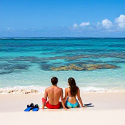 Caribbean Holidays, Cura&ccedil;ao Couples Holidays, Romantic couple relaxing on a secluded Cura&ccedil;ao beach with snorkelling equipment beside them, clear blue sea and colourful coral reef